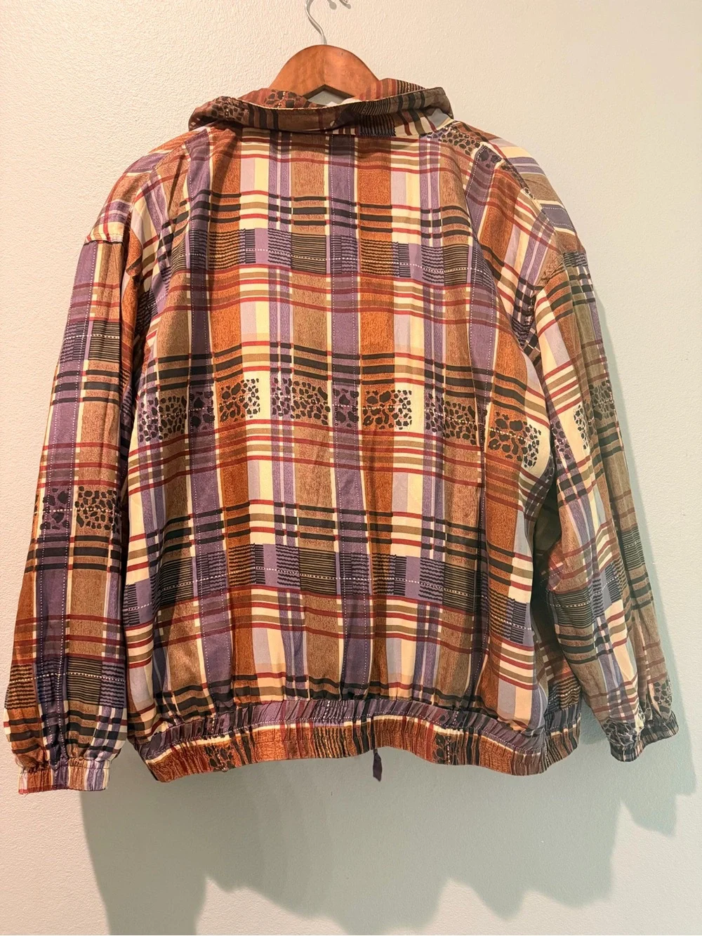 Vintage 100% Silk WindBreaker Set Plaid Leopard Bomber Jacket Plum Pants RARE! L